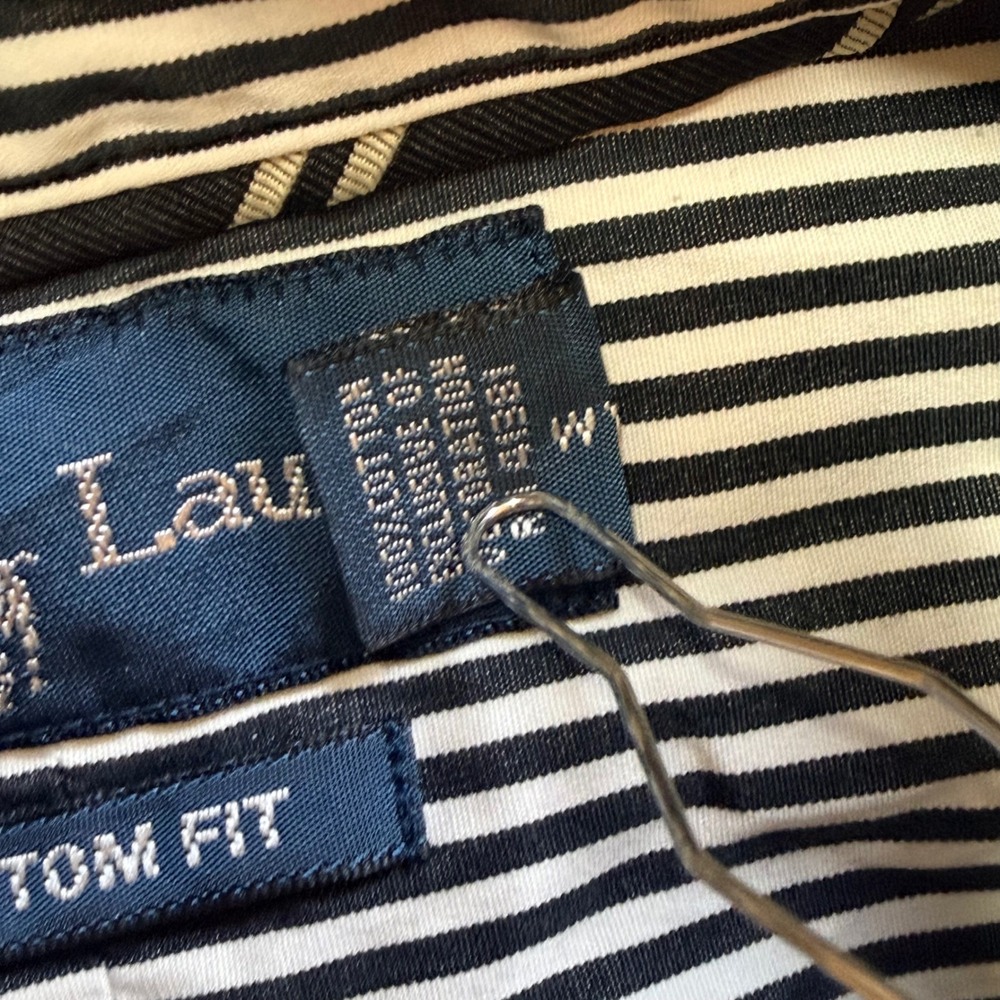 Vintage Ralph Lauren Button Down Shirt Men Large Black White Striped Custom Fit - Picture 7 of 10
